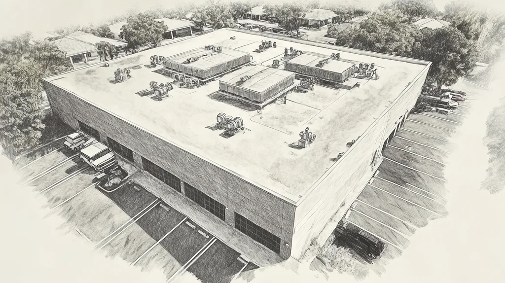 A commercial roof on a data center in a location similar to Key West with a charcoal sketch aesthetic (AI image)