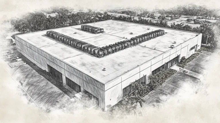 A commercial roof on a data center in a location similar to Key West with a charcoal sketch aesthetic (AI image)