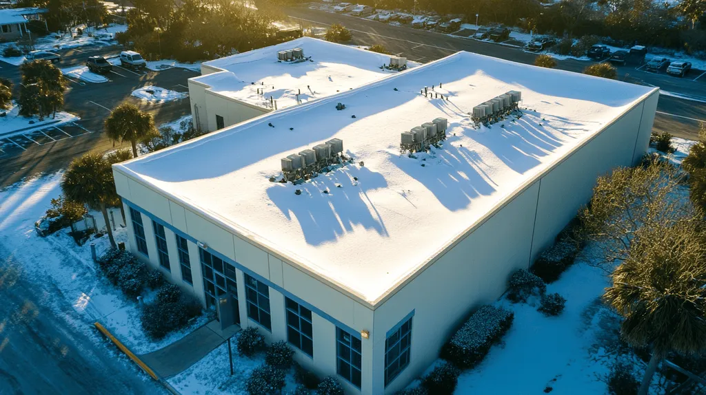 A commercial roof on a data center in a location similar to Key West with a snowy day aesthetic (AI image)
