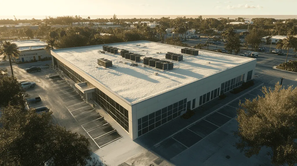 A commercial roof on a data center in a location similar to Key West with a snowy day aesthetic (AI image)