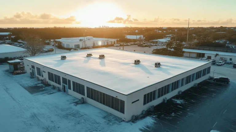 A commercial roof on a data center in a location similar to Key West with a snowy day aesthetic (AI image)