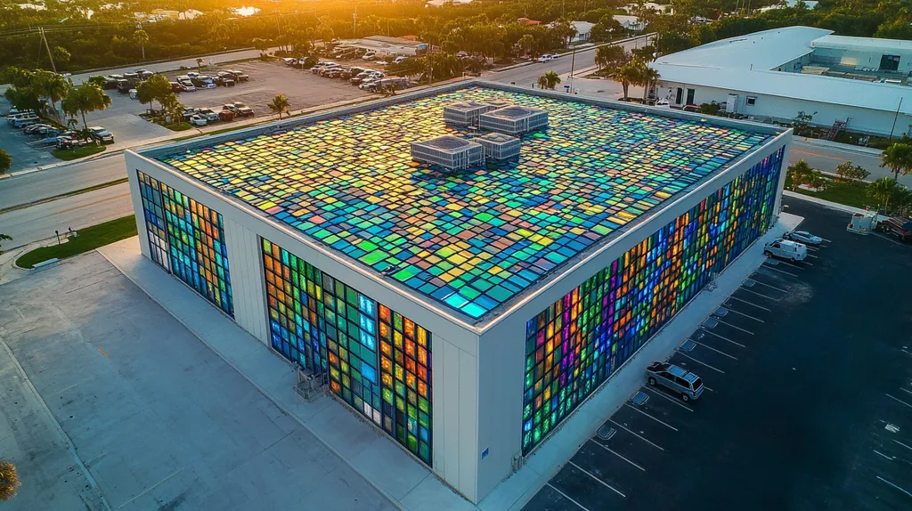 A commercial roof on a data center in a location similar to Key West with a stained glass style aesthetic (AI image)
