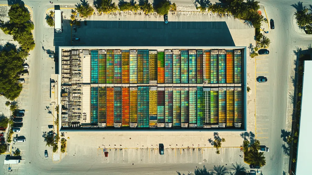 A commercial roof on a data center in a location similar to Key West with a stained glass style aesthetic (AI image)