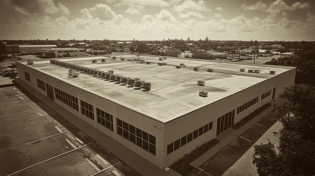 A commercial roof on a data center in a location similar to Key West with a tintype aesthetic (AI image)