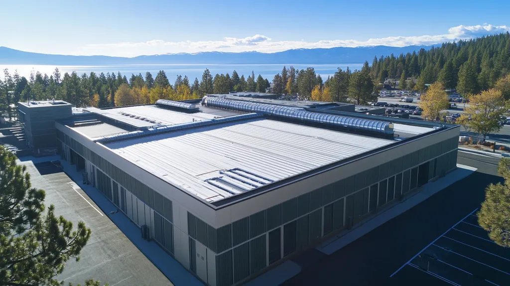 A commercial roof on a data center in a location similar to Lake Tahoe with an urban context aesthetic (AI image)