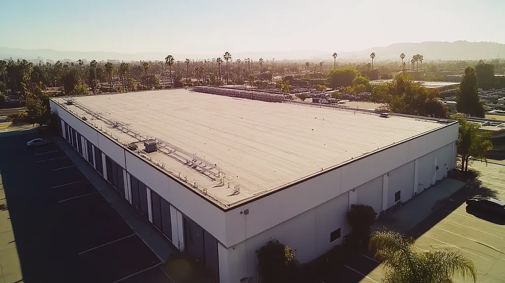 A commercial roof on a data center in a location similar to Los Angeles with a color highlight aesthetic (AI image)