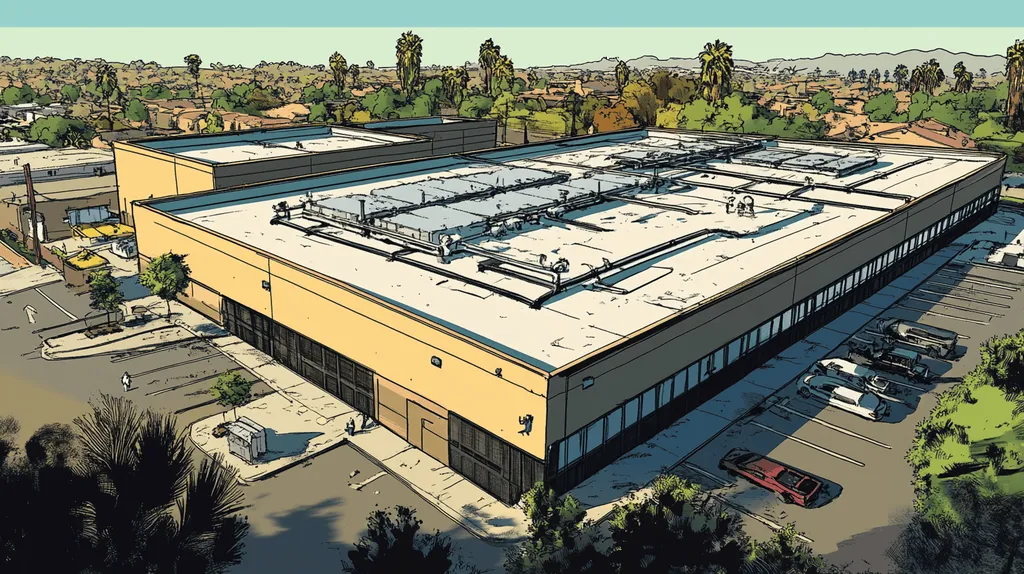 A commercial roof on a data center in a location similar to Los Angeles with a comic book style aesthetic (AI image)
