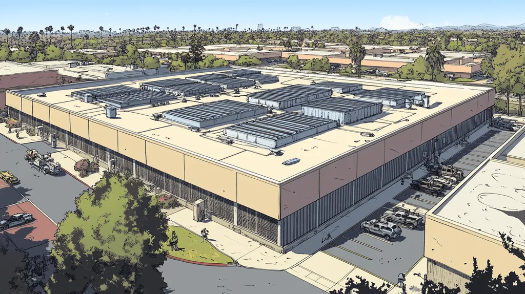 A commercial roof on a data center in a location similar to Los Angeles with a comic book style aesthetic (AI image)