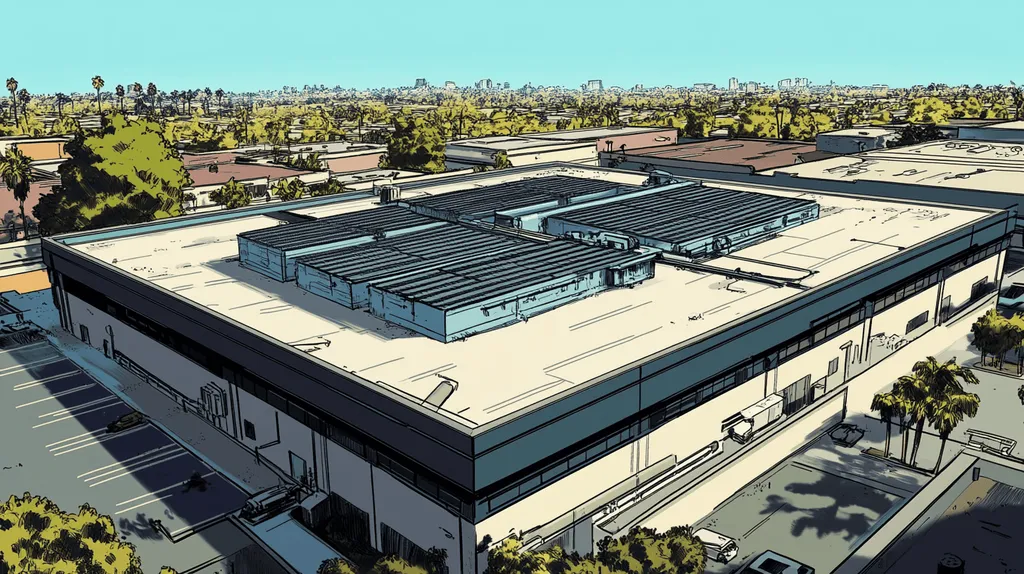A commercial roof on a data center in a location similar to Los Angeles with a comic book style aesthetic (AI image)