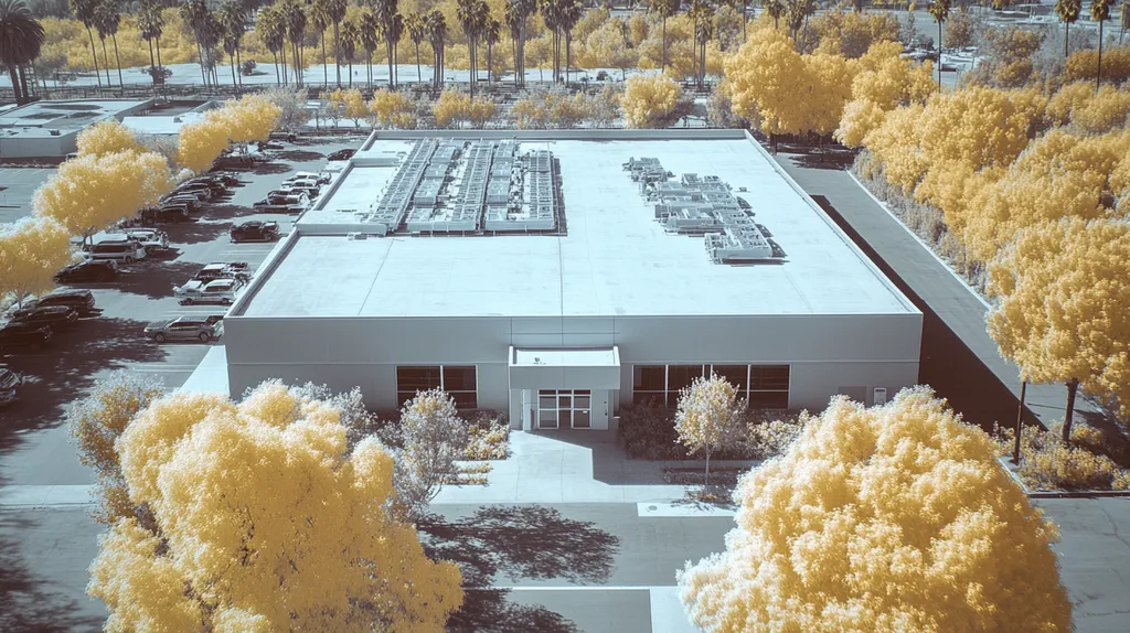 A commercial roof on a data center in a location similar to Los Angeles with an infrared photography aesthetic (AI image)
