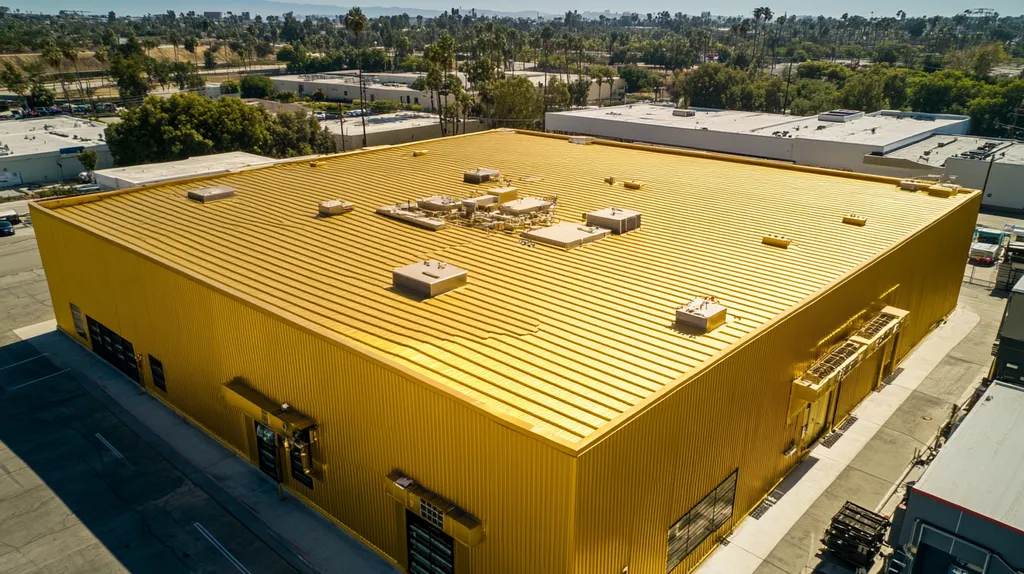 A commercial roof on a data center in a location similar to Los Angeles with a solid gold aesthetic (AI image)
