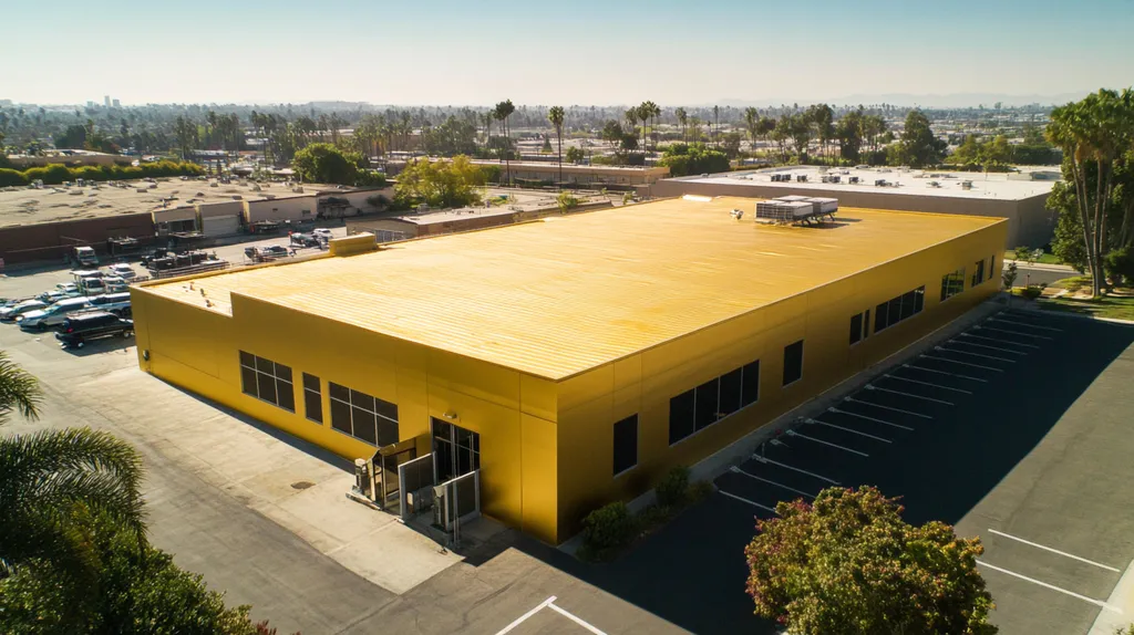 A commercial roof on a data center in a location similar to Los Angeles with a solid gold aesthetic (AI image)