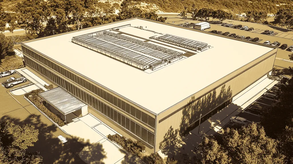 A commercial roof on a data center in a location similar to Malibu with an architectural sketch rendering aesthetic (AI image)