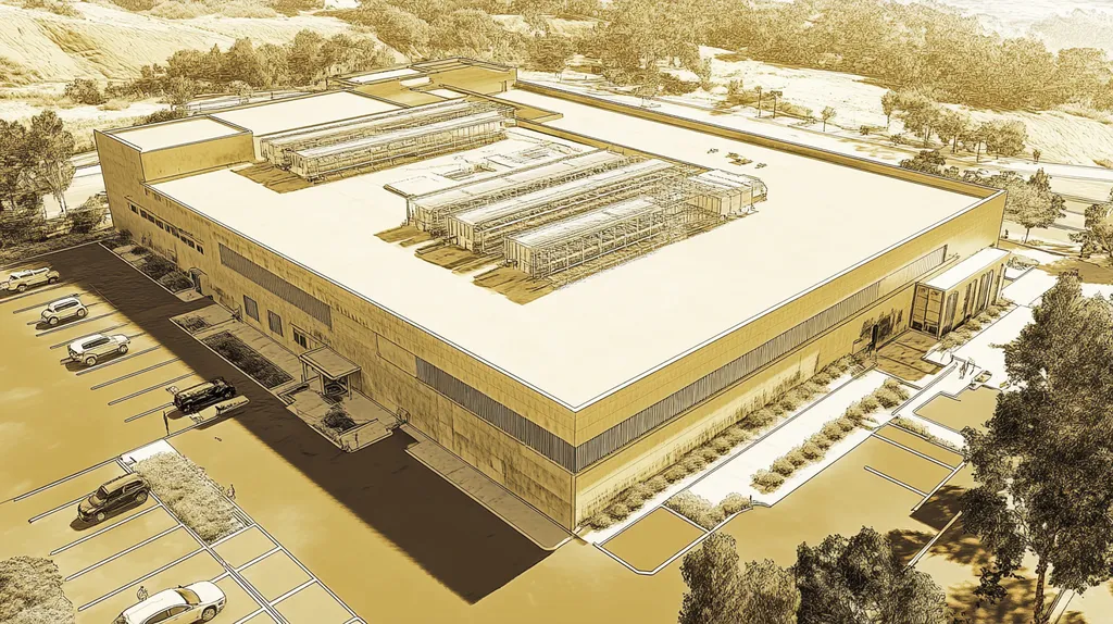 A commercial roof on a data center in a location similar to Malibu with an architectural sketch rendering aesthetic (AI image)