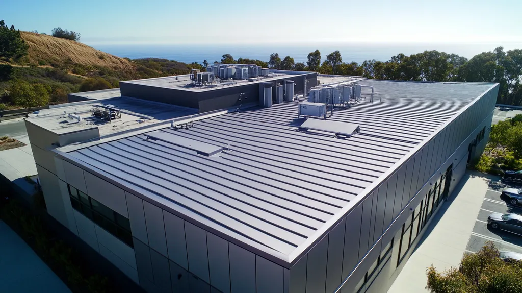 A commercial roof on a data center in a location similar to Malibu with a stainless steel aesthetic (AI image)