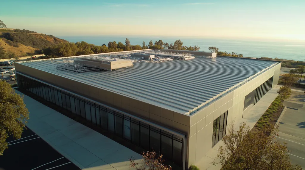 A commercial roof on a data center in a location similar to Malibu with a stainless steel aesthetic (AI image)
