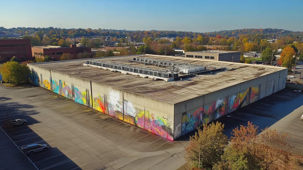A commercial roof on a data center in a location similar to Nashville with a graffiti mural aesthetic (AI image)