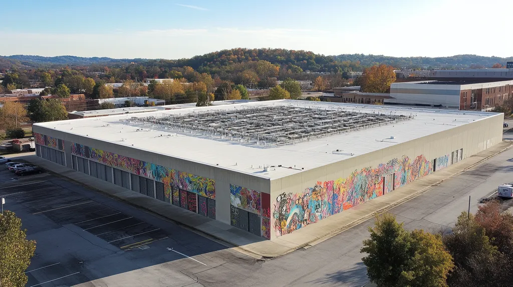 A commercial roof on a data center in a location similar to Nashville with a graffiti mural aesthetic (AI image)