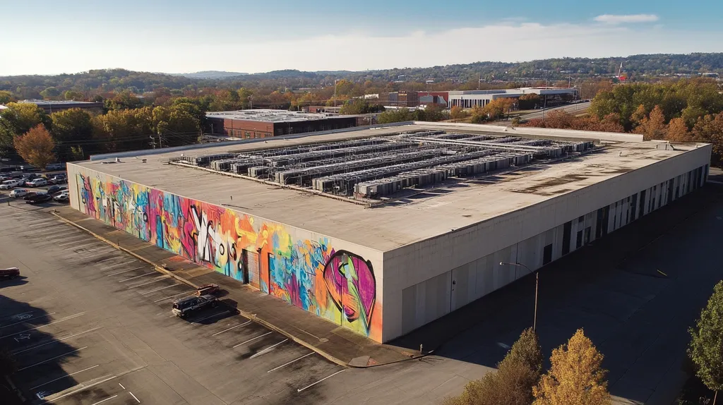 A commercial roof on a data center in a location similar to Nashville with a graffiti mural aesthetic (AI image)