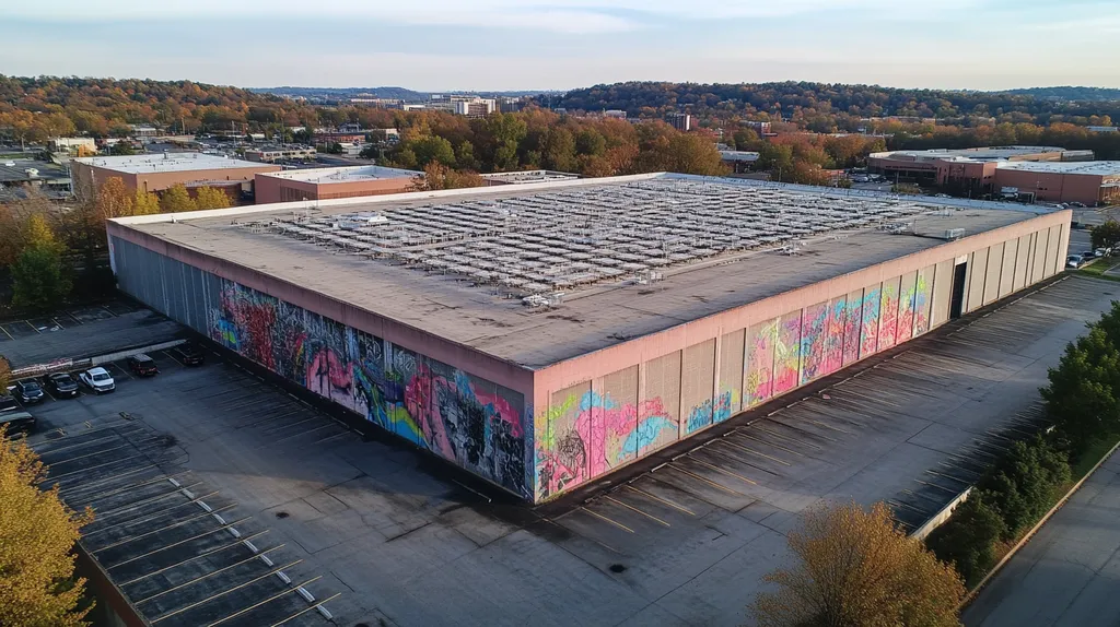 A commercial roof on a data center in a location similar to Nashville with a graffiti mural aesthetic (AI image)