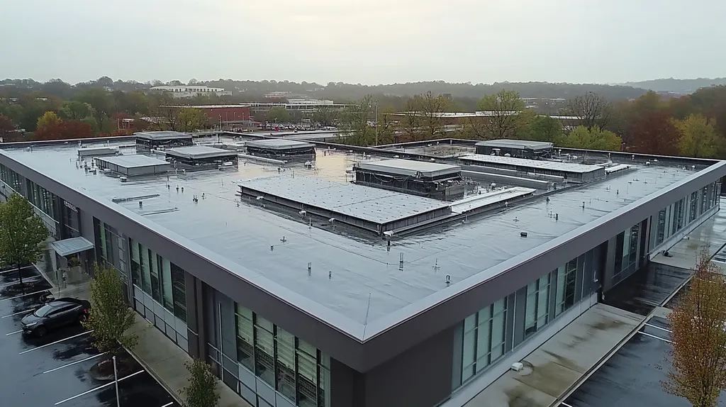 A commercial roof on a data center in a location similar to Nashville with a rainy day aesthetic (AI image)
