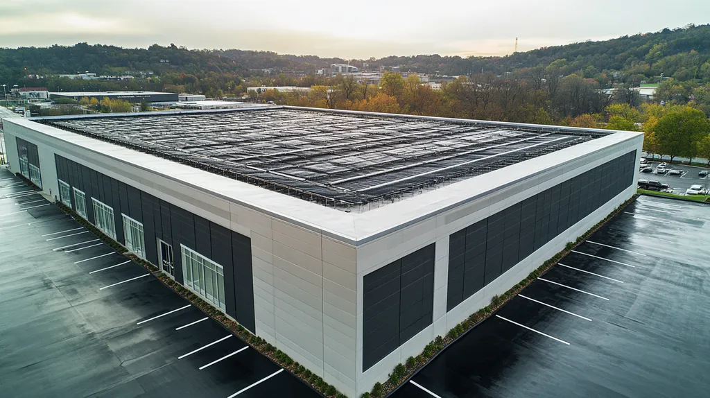 A commercial roof on a data center in a location similar to Nashville with a rainy day aesthetic (AI image)