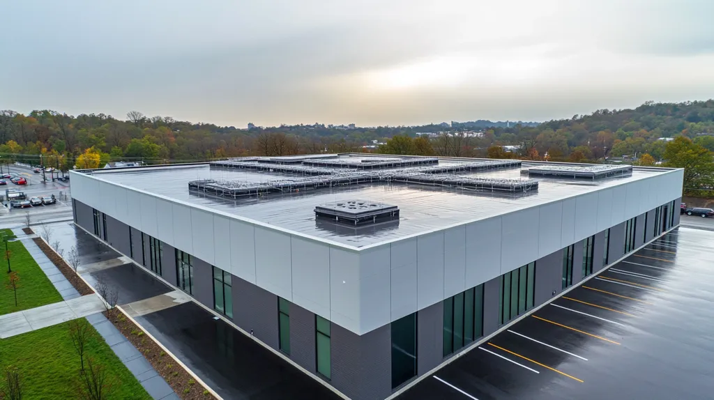 A commercial roof on a data center in a location similar to Nashville with a rainy day aesthetic (AI image)