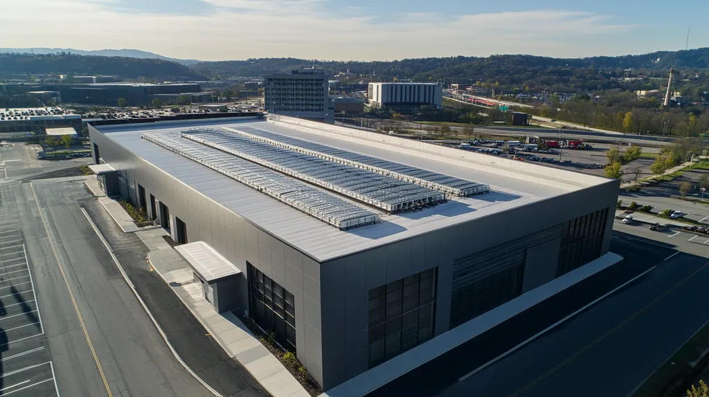 A commercial roof on a data center in a location similar to Nashville with an urban context aesthetic (AI image)