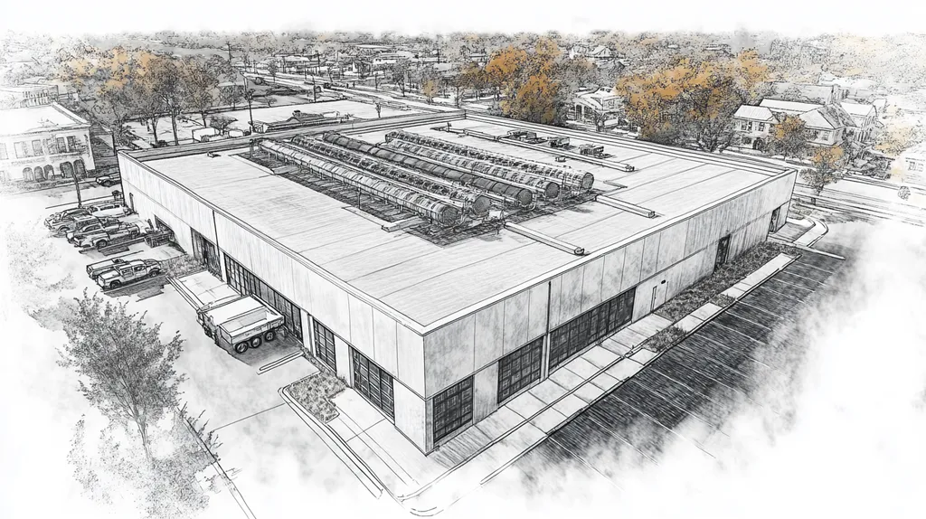 A commercial roof on a data center in a location similar to New Orleans with a charcoal sketch aesthetic (AI image)