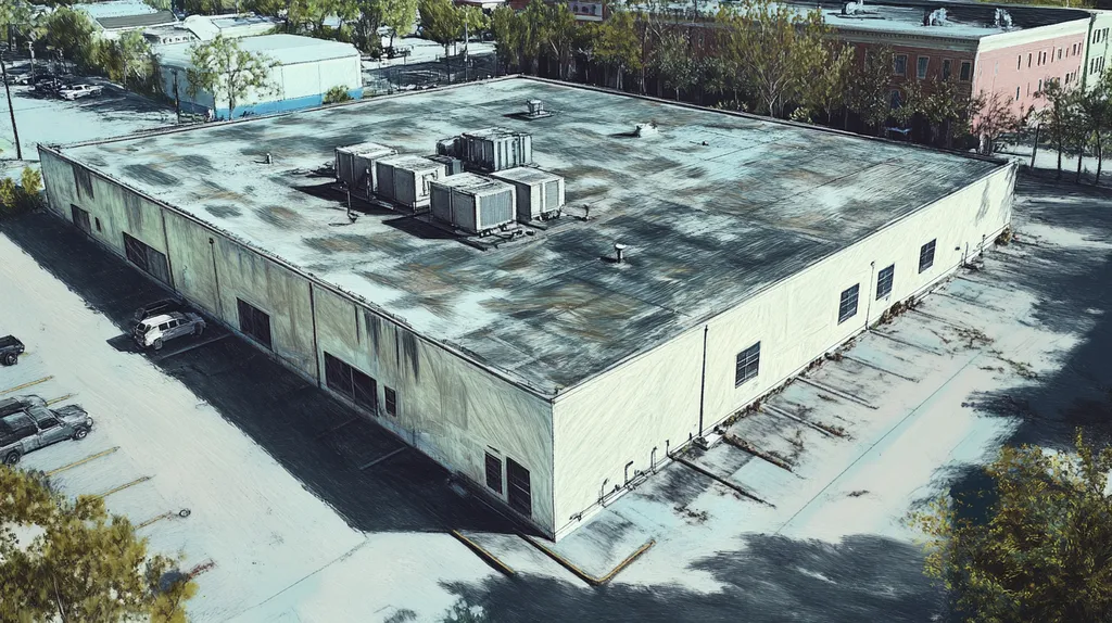 A commercial roof on a data center in a location similar to New Orleans with a charcoal sketch aesthetic (AI image)