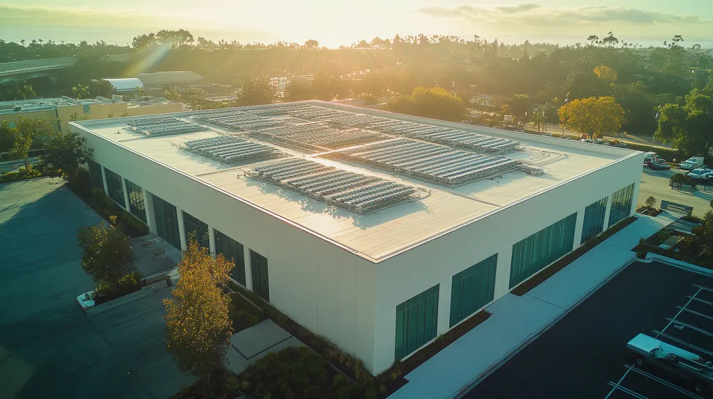A commercial roof on a data center in a location similar to Newport Beach with a light beams aesthetic (AI image)