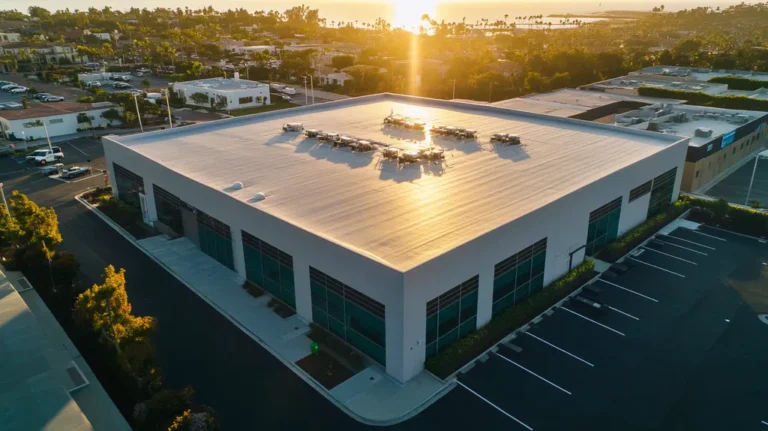 A commercial roof on a data center in a location similar to Newport Beach with a light beams aesthetic (AI image)