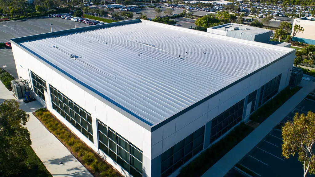 A commercial roof on a data center in a location similar to Newport Beach with a stainless steel aesthetic (AI image)