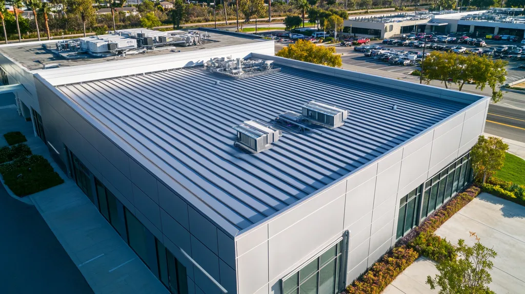 A commercial roof on a data center in a location similar to Newport Beach with a stainless steel aesthetic (AI image)