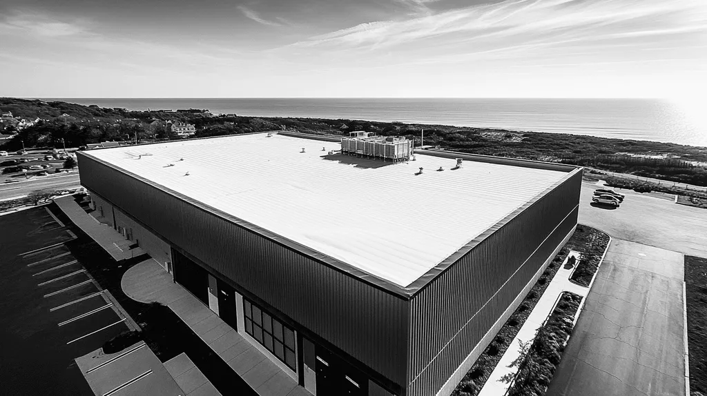 A commercial roof on a data center in a location similar to Newport, Rhode Island with a black and white photography aesthetic (AI image)