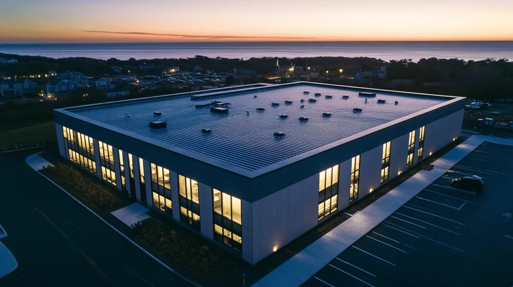 A commercial roof on a data center in a location similar to Newport, Rhode Island with an illuminated nightscape aesthetic (AI image)