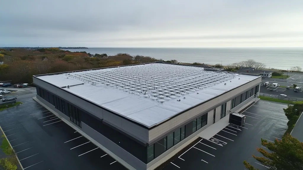 A commercial roof on a data center in a location similar to Newport, Rhode Island with a rainy day aesthetic (AI image)