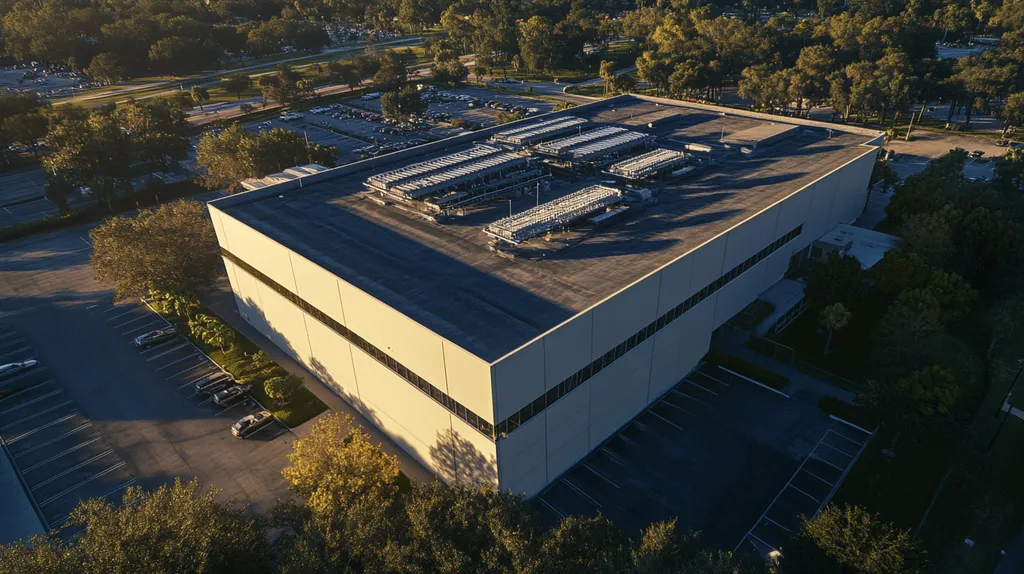 A commercial roof on a data center in a location similar to Orlando with an ethereal glow aesthetic (AI image)