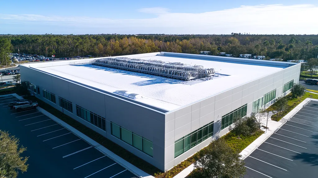 A commercial roof on a data center in a location similar to Orlando with a snowy day aesthetic (AI image)