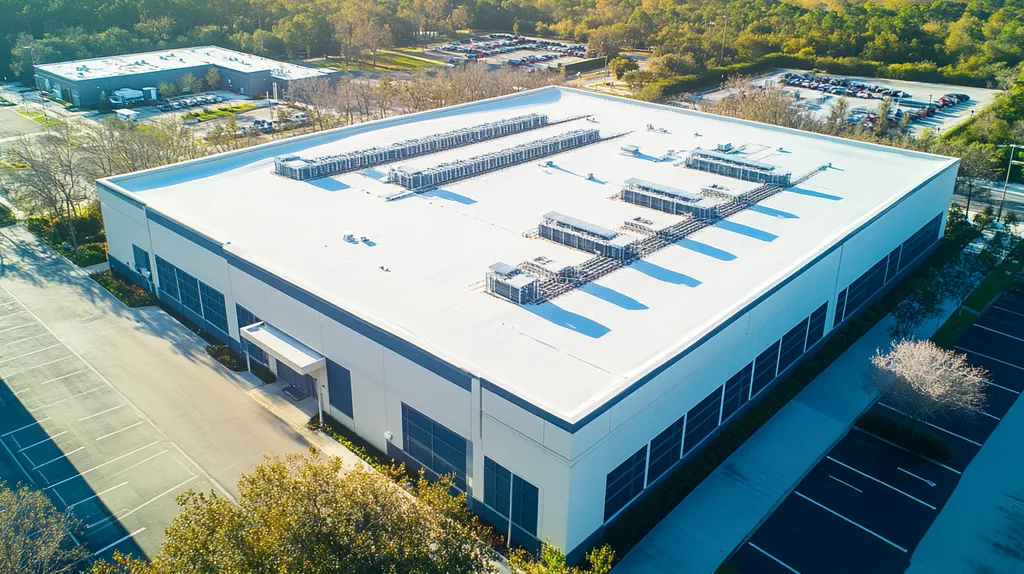 A commercial roof on a data center in a location similar to Orlando with a snowy day aesthetic (AI image)