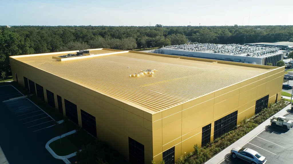 A commercial roof on a data center in a location similar to Orlando with a solid gold aesthetic (AI image)