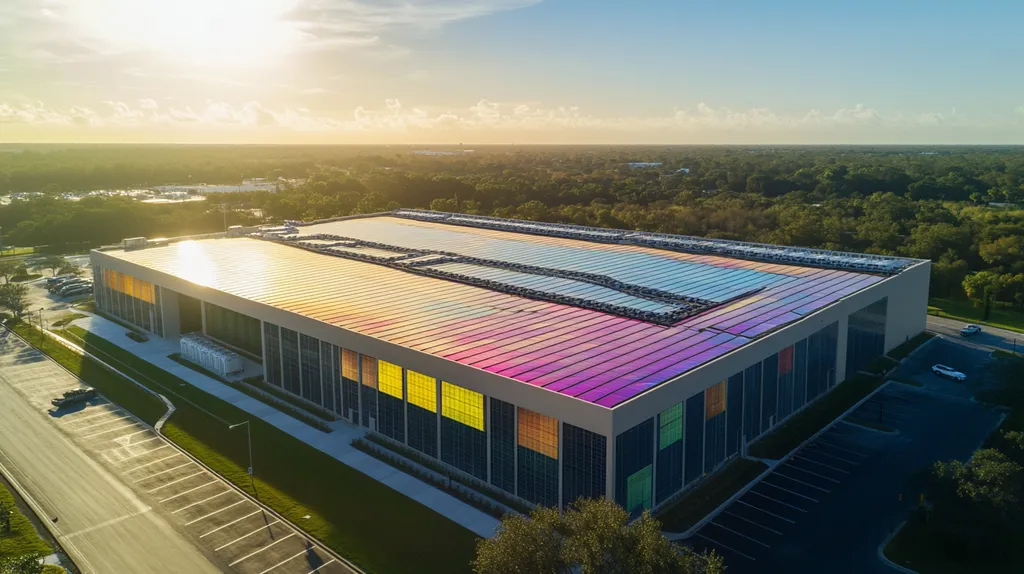 A commercial roof on a data center in a location similar to Orlando with a stained glass style aesthetic (AI image)