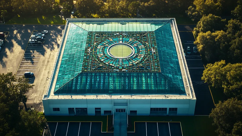 A commercial roof on a data center in a location similar to Orlando with a stained glass style aesthetic (AI image)