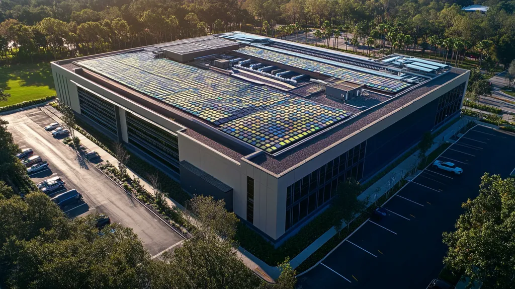 A commercial roof on a data center in a location similar to Orlando with a stained glass style aesthetic (AI image)