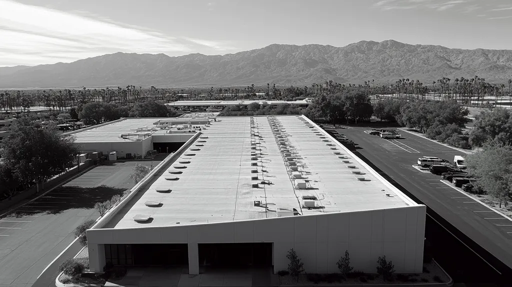 A commercial roof on a data center in a location similar to Palm Springs with a color highlight aesthetic (AI image)