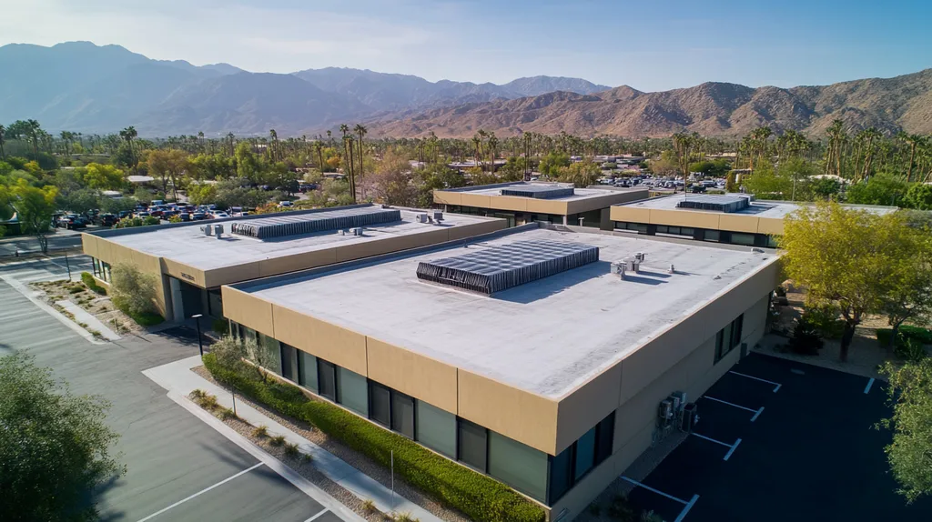 A commercial roof on a data center in a location similar to Palm Springs with a color highlight aesthetic (AI image)