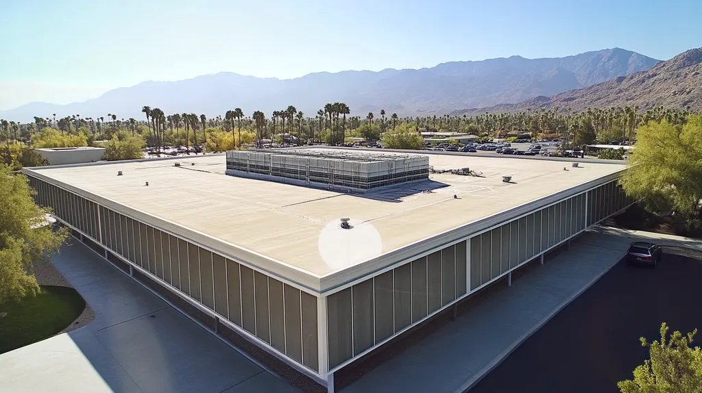 A commercial roof on a data center in a location similar to Palm Springs with a color highlight aesthetic (AI image)