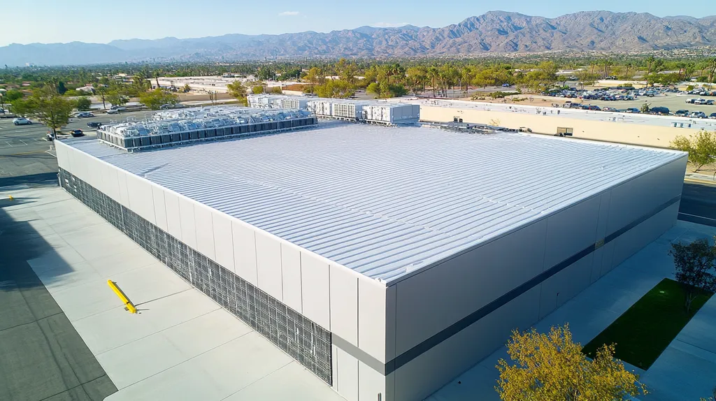 A commercial roof on a data center in a location similar to Palm Springs with an urban context aesthetic (AI image)