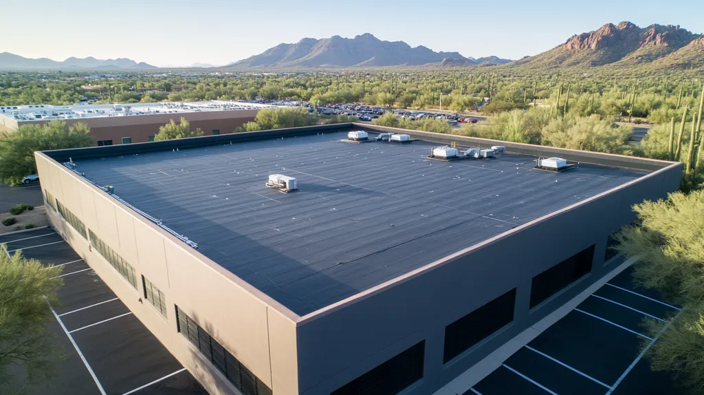 A commercial roof on a data center in a location similar to Phoenix with a color highlight aesthetic (AI image)
