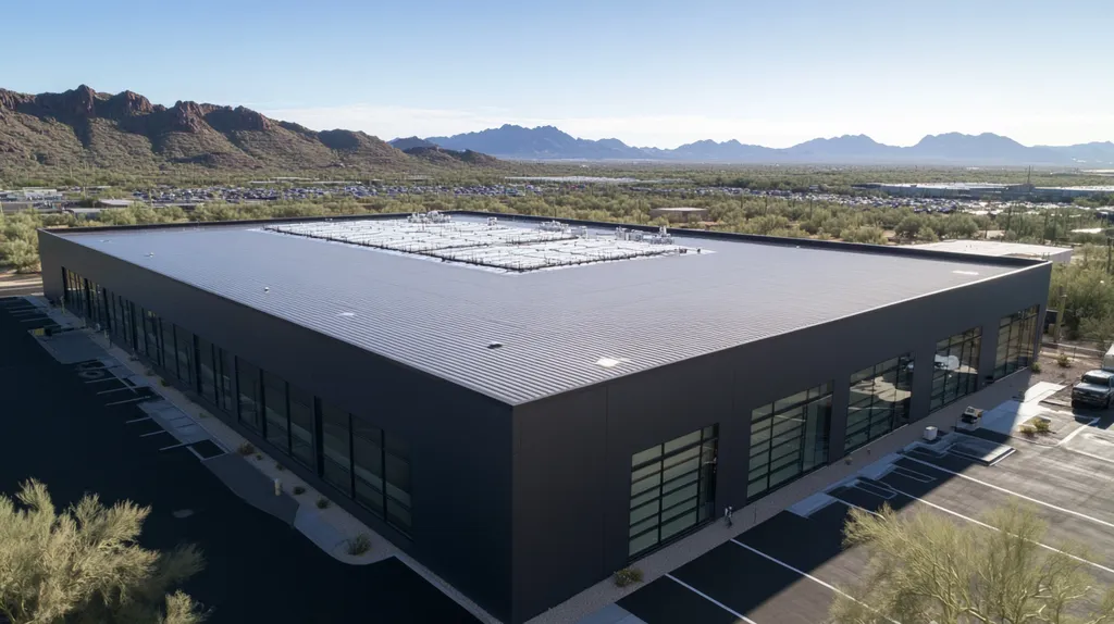 A commercial roof on a data center in a location similar to Phoenix with a color highlight aesthetic (AI image)